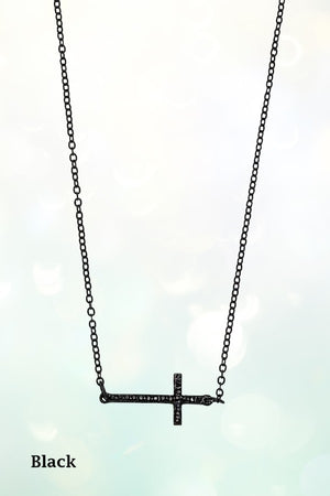 RHINESTONE PAVE SIDE CROSS PENDANT NECKLACE