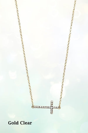RHINESTONE PAVE SIDE CROSS PENDANT NECKLACE