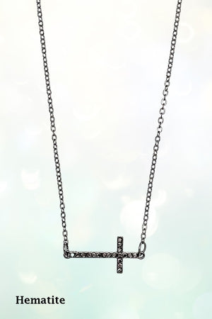 RHINESTONE PAVE SIDE CROSS PENDANT NECKLACE
