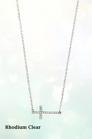 RHINESTONE PAVE SIDE CROSS PENDANT NECKLACE
