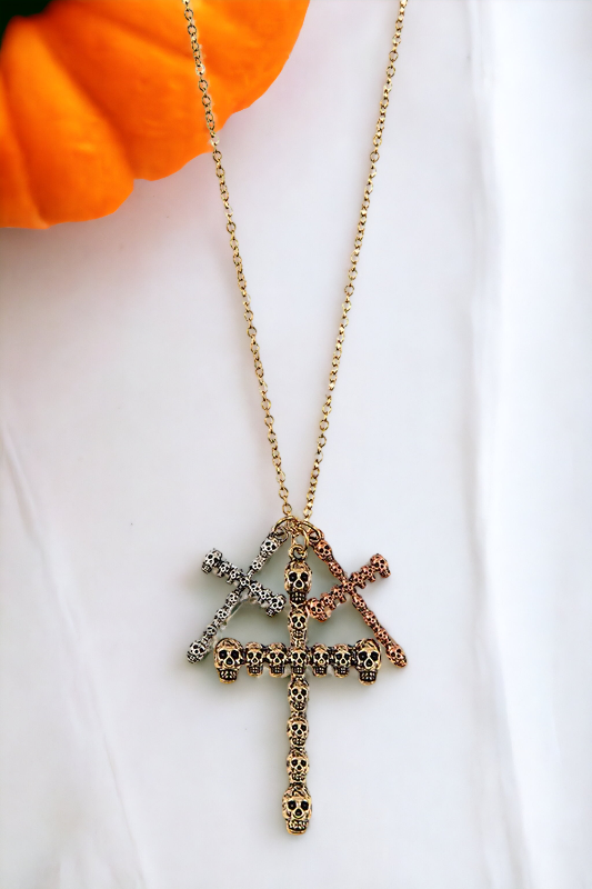 Triple Cross Skull Link Pendant Necklace