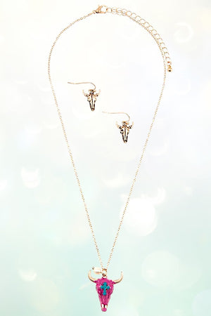 CROSS ETCHED BULL'S HEAD PENDANT NECKLACE EARRING SET