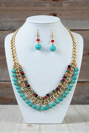 FACETED GEM BEAD TQ STATEMENT NECKLACE SET