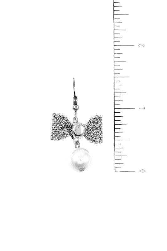 Mesh Bow Pearl Link Drop Earring