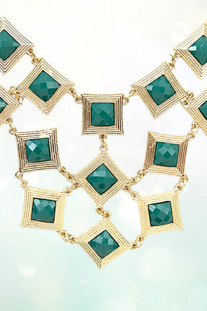 SQUARE FRAMED GEMSTONE LINK BIB NECKLACE SET