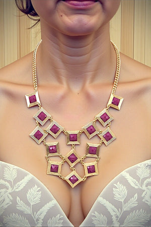 SQUARE FRAMED GEMSTONE LINK BIB NECKLACE SET
