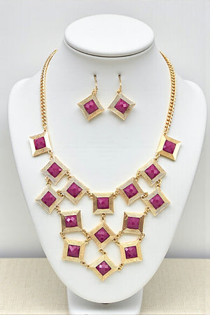 SQUARE FRAMED GEMSTONE LINK BIB NECKLACE SET
