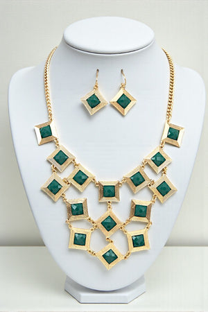 SQUARE FRAMED GEMSTONE LINK BIB NECKLACE SET