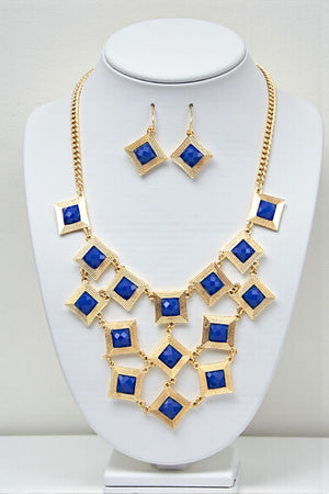 SQUARE FRAMED GEMSTONE LINK BIB NECKLACE SET
