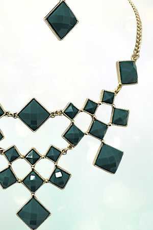 FACETED DIAMOND SHAPE GEM LINK NECKLACE AND EARRING SET