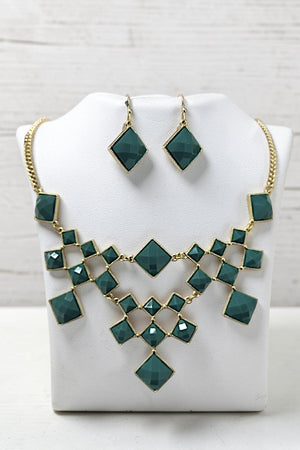 FACETED DIAMOND SHAPE GEM LINK NECKLACE AND EARRING SET