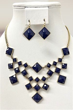 FACETED DIAMOND SHAPE GEM LINK NECKLACE AND EARRING SET