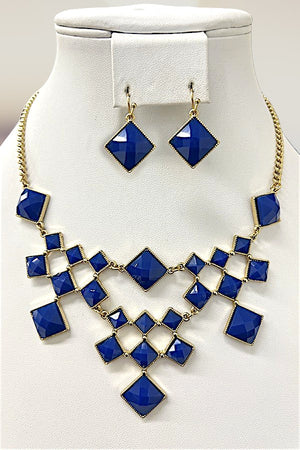 FACETED DIAMOND SHAPE GEM LINK NECKLACE AND EARRING SET