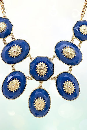 METAL ORNATE FACETED OVAL LINK BIB NECKLACE SET