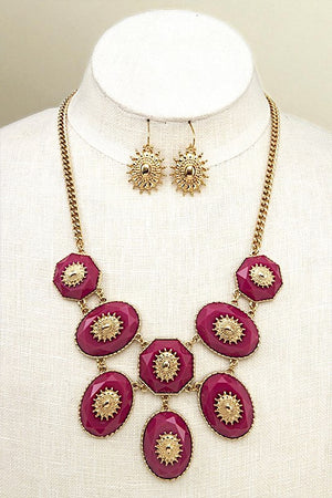 METAL ORNATE FACETED OVAL LINK BIB NECKLACE SET