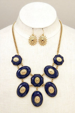 METAL ORNATE FACETED OVAL LINK BIB NECKLACE SET