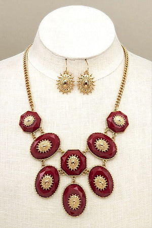 METAL ORNATE FACETED OVAL LINK BIB NECKLACE SET