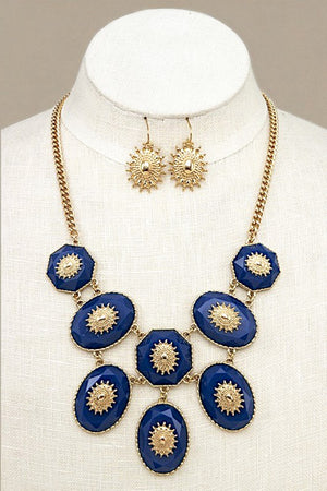 METAL ORNATE FACETED OVAL LINK BIB NECKLACE SET