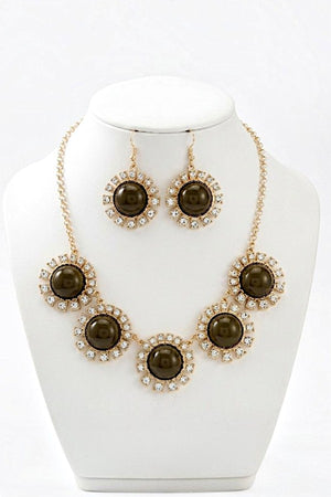 RHINESTONE FRAMED ROUND GEM LINK NECKLACE EARRING SET