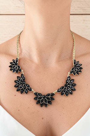 SEMI FLORAL ACRYLIC BIB GOLD CHAIN NECKLACE AND MARQUISE GEM DROP EARRING SET