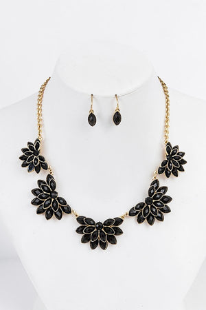 SEMI FLORAL ACRYLIC BIB GOLD CHAIN NECKLACE AND MARQUISE GEM DROP EARRING SET