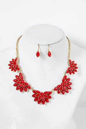 SEMI FLORAL ACRYLIC BIB GOLD CHAIN NECKLACE AND MARQUISE GEM DROP EARRING SET