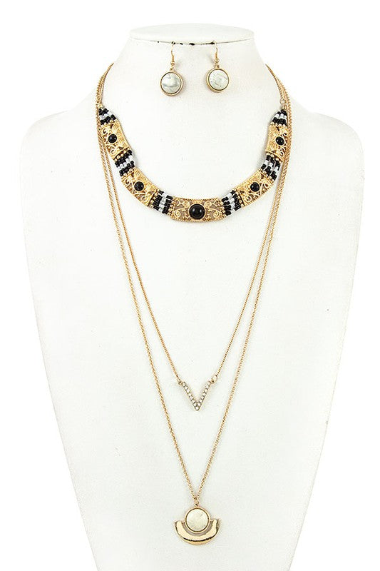 BEAD METAL LINK LAYERED NECKLACE SET