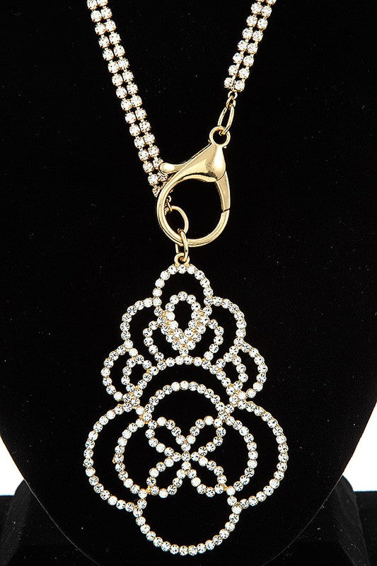 ELONGATED RHINESTONE PAVE ORNATE PENDANT NECKLACE