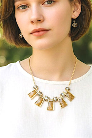 FACETED RECTANGULAR GEM BIB NECKLACE AND MATCHING EARRINGS
