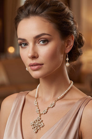 PEARL GEMSTONE ORNATE PENDANT NECKLACE AND PEARL DANGLE EARRING SET