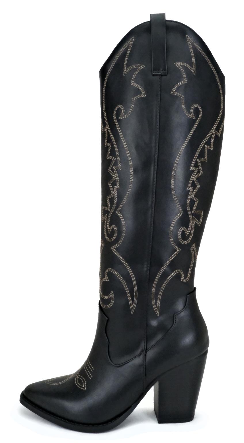 Women Toe Stitch Detail Pull-On High Heel Knee-High Western Boot A8