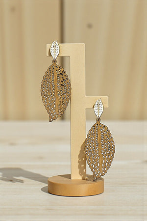 WOODEN LEAF CUT OUT DROP EARRING