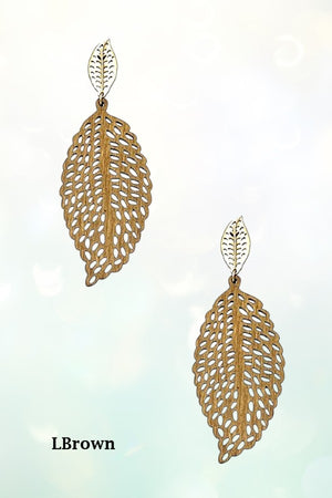 WOODEN LEAF CUT OUT DROP EARRING