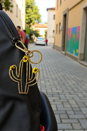 FLORAL BEAD ACCENT CACTUS OUTLINE DANGLE KEYCHAIN