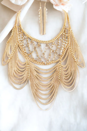 Draped Chain Fashion Statement Necklace Set