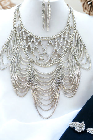 Draped Chain Fashion Statement Necklace Set