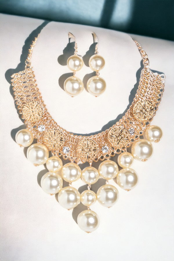 Metal Etched Pearl Bead Bib Necklace Set