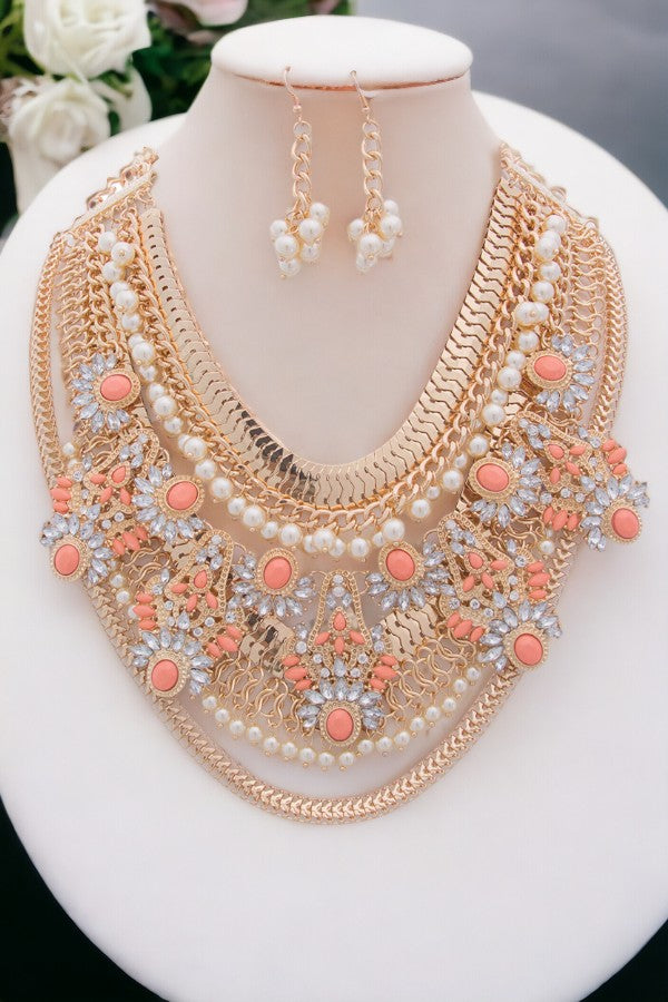 Gems and Pearl Accent Bib Statement Necklace Set