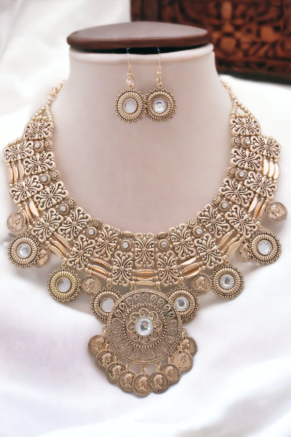 Disk Dangle Embellished Statement Necklace Set