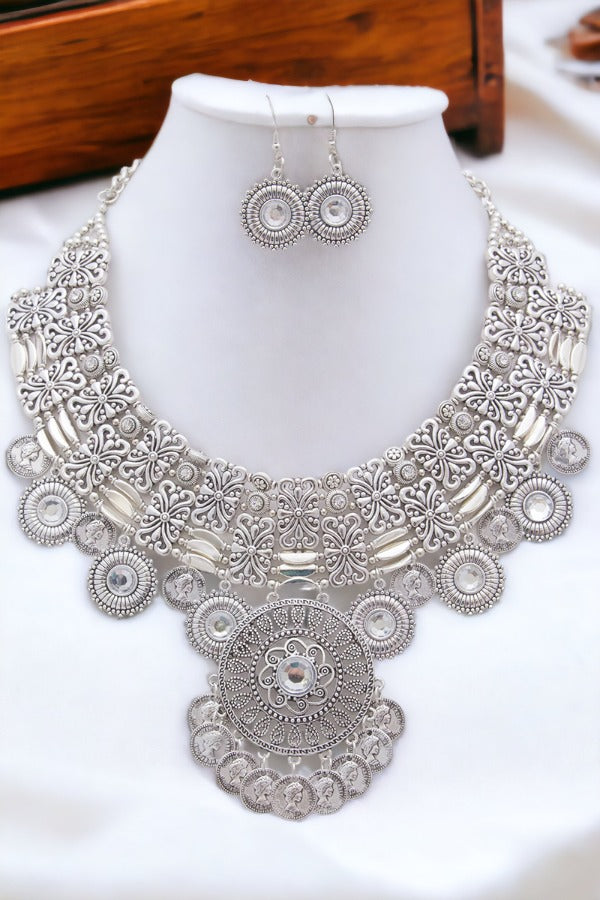 Disk Dangle Embellished Statement Necklace Set