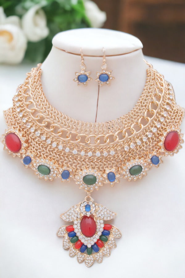 Multi Chain Bead Ornate Statement Bib Necklace Set