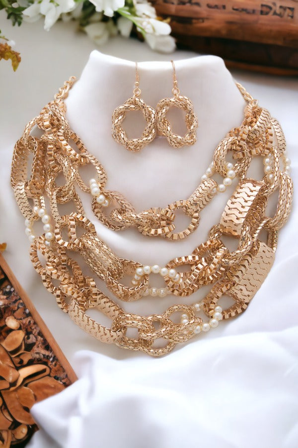 Layered Pearl Chain Mix Statement Necklace Set