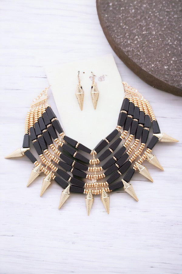 Wood and Metal Bead Statement Necklace Set