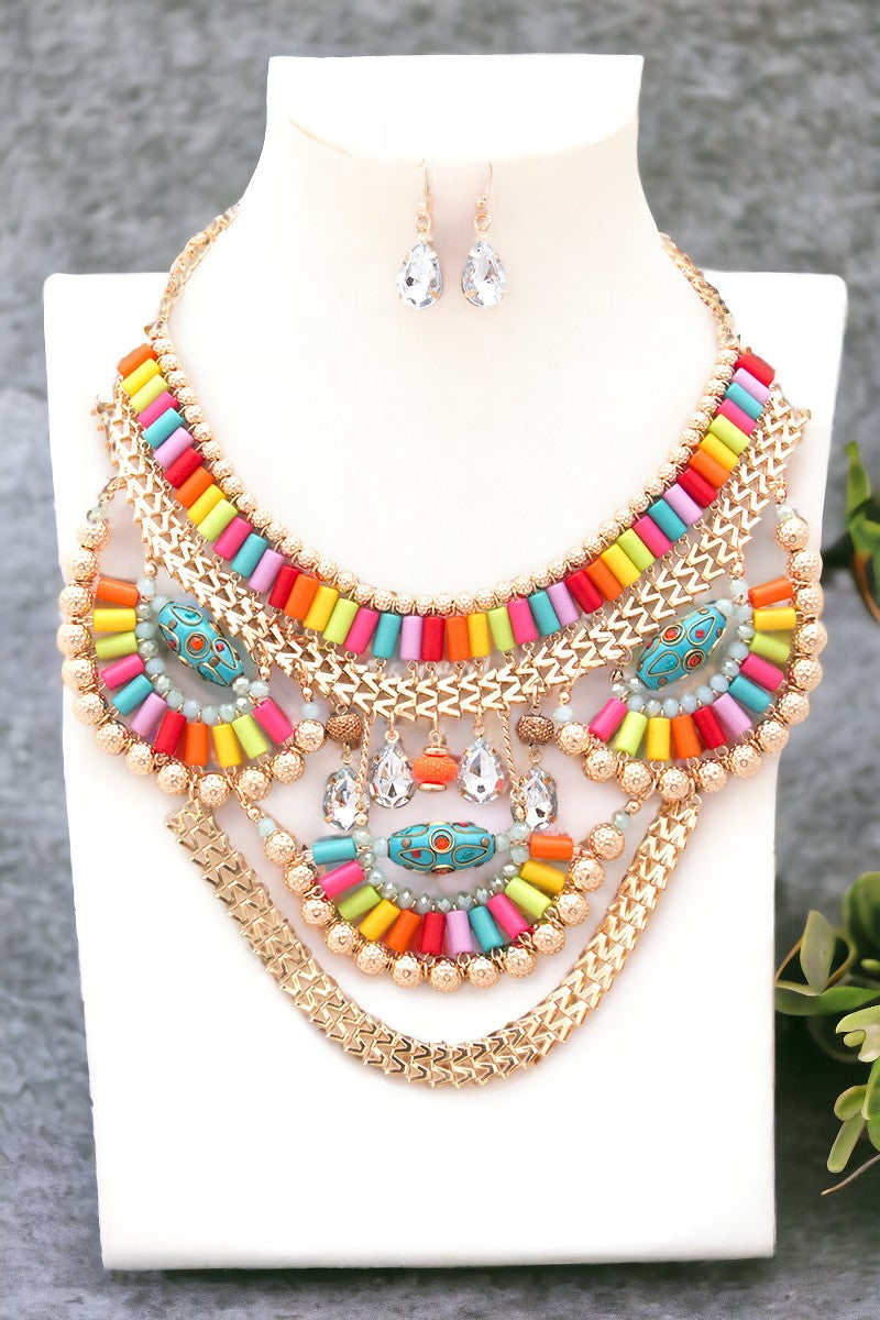Bead Tiered Statement Necklace Set