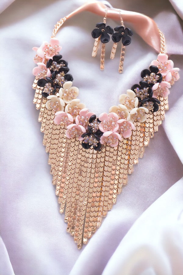 Floral Bib Accent Chain Draped Necklace Set