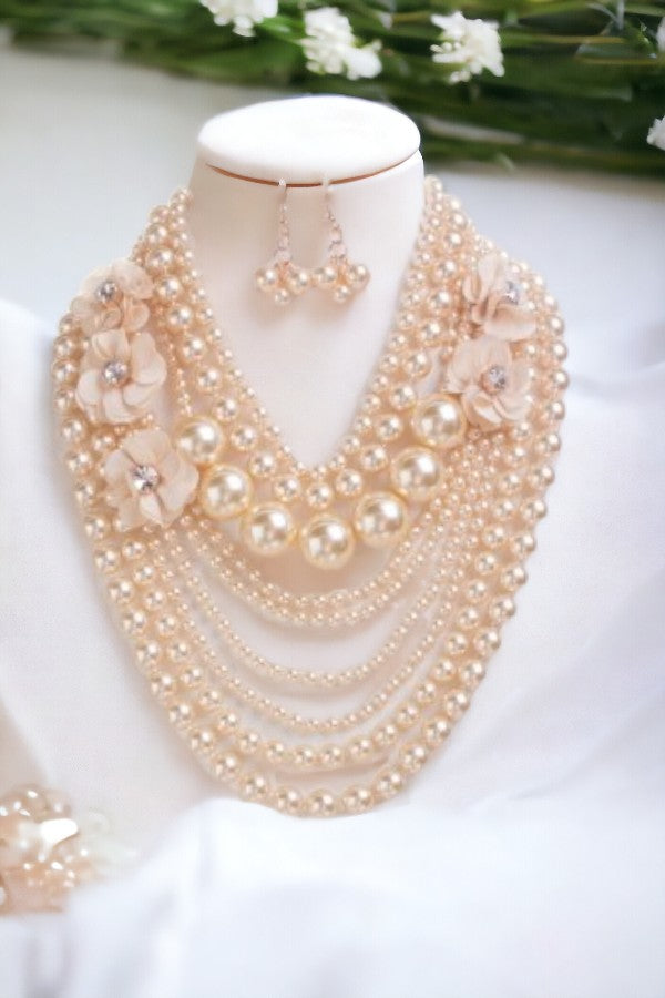 Multi Layered Pearl Floral Accent Necklace Set