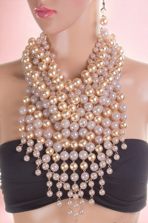 Cluster Fringe Bead Pearl Necklace Set