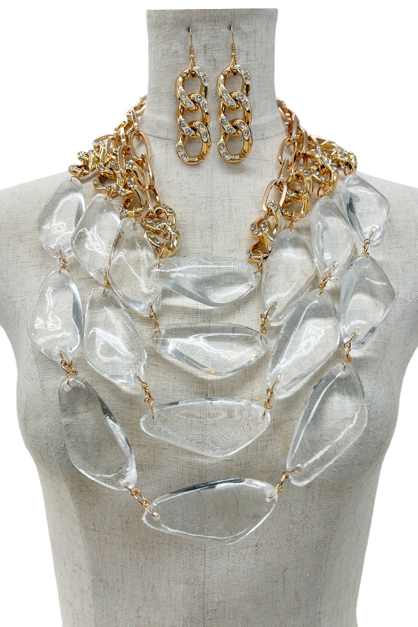 Clear Stone Chain Link Bib Necklace Set