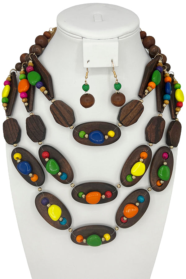 Wooden Bead Accent Layered Necklace Set