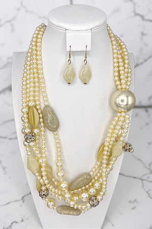 OBLONG PEARL AND STONE LAYERED NECKLACE EARRING SET